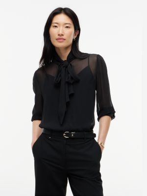 black regular fit crinkle-georgette-bluse mit schleife für damen - tommy hilfiger