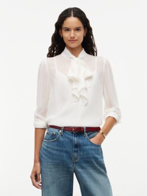 white regular fit crinkle georgette bow blouse for women tommy hilfiger