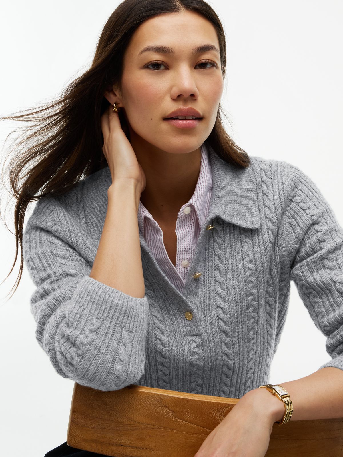 Wool Blend Cable Knit Polo Jumper — Grey