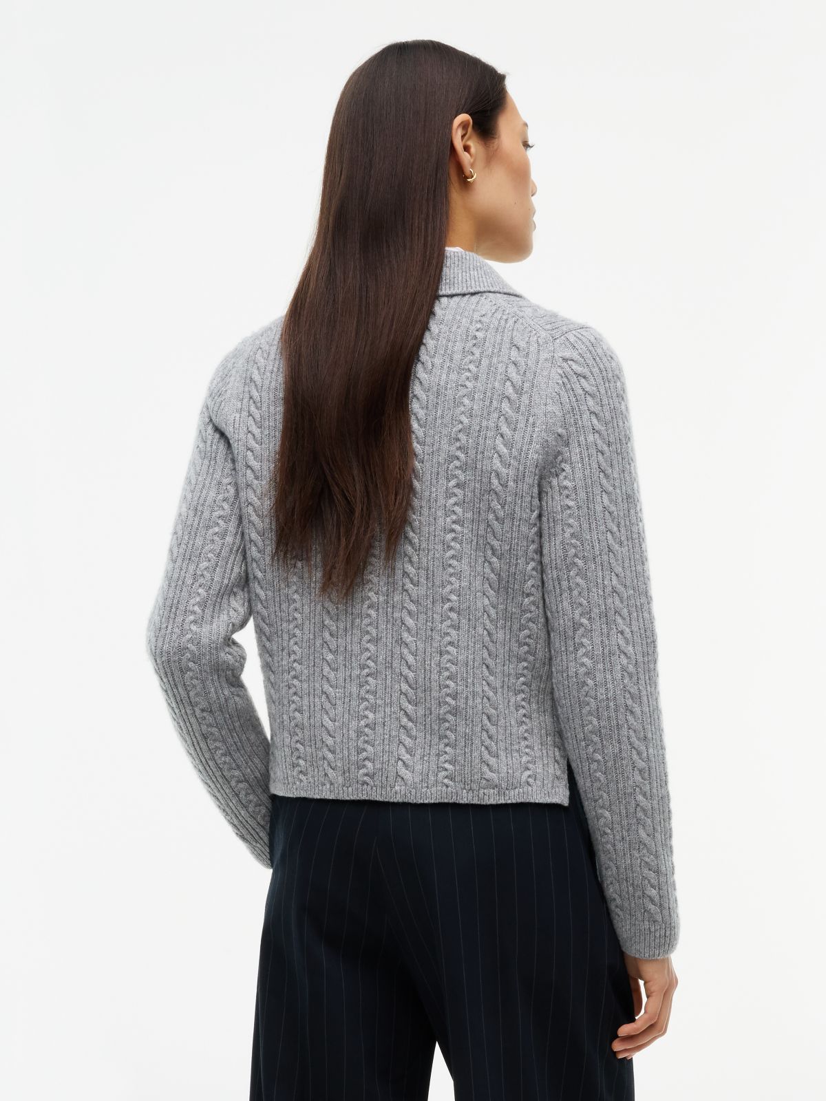 Wool Blend Cable Knit Polo Jumper — Grey