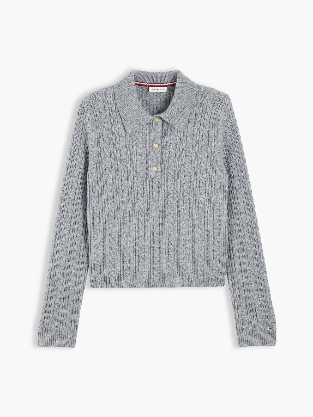 Wool Blend Cable Knit Polo Jumper — Grey