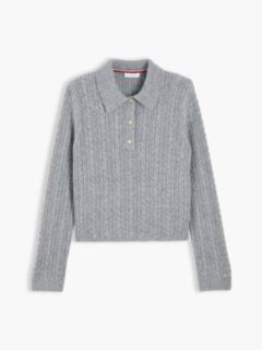 Wool Blend Cable Knit Polo Jumper — Grey 5