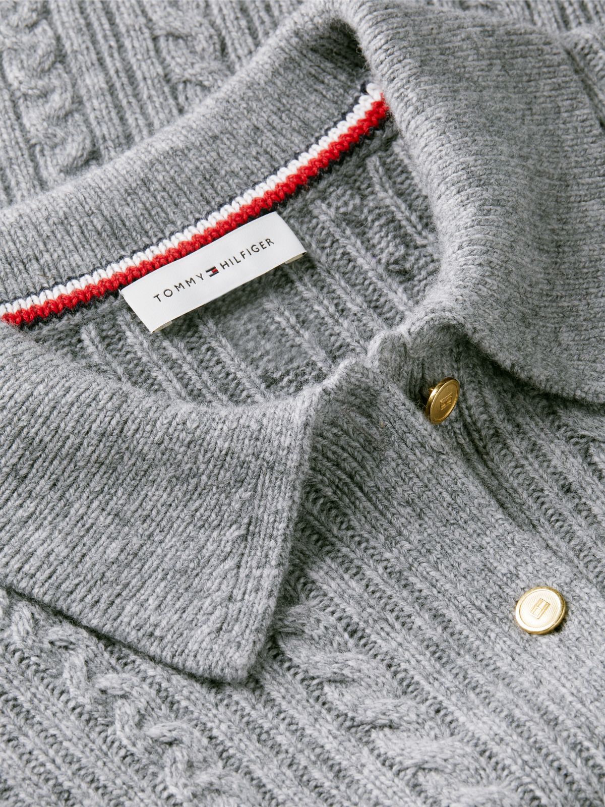 Wool Blend Cable Knit Polo Jumper — Grey