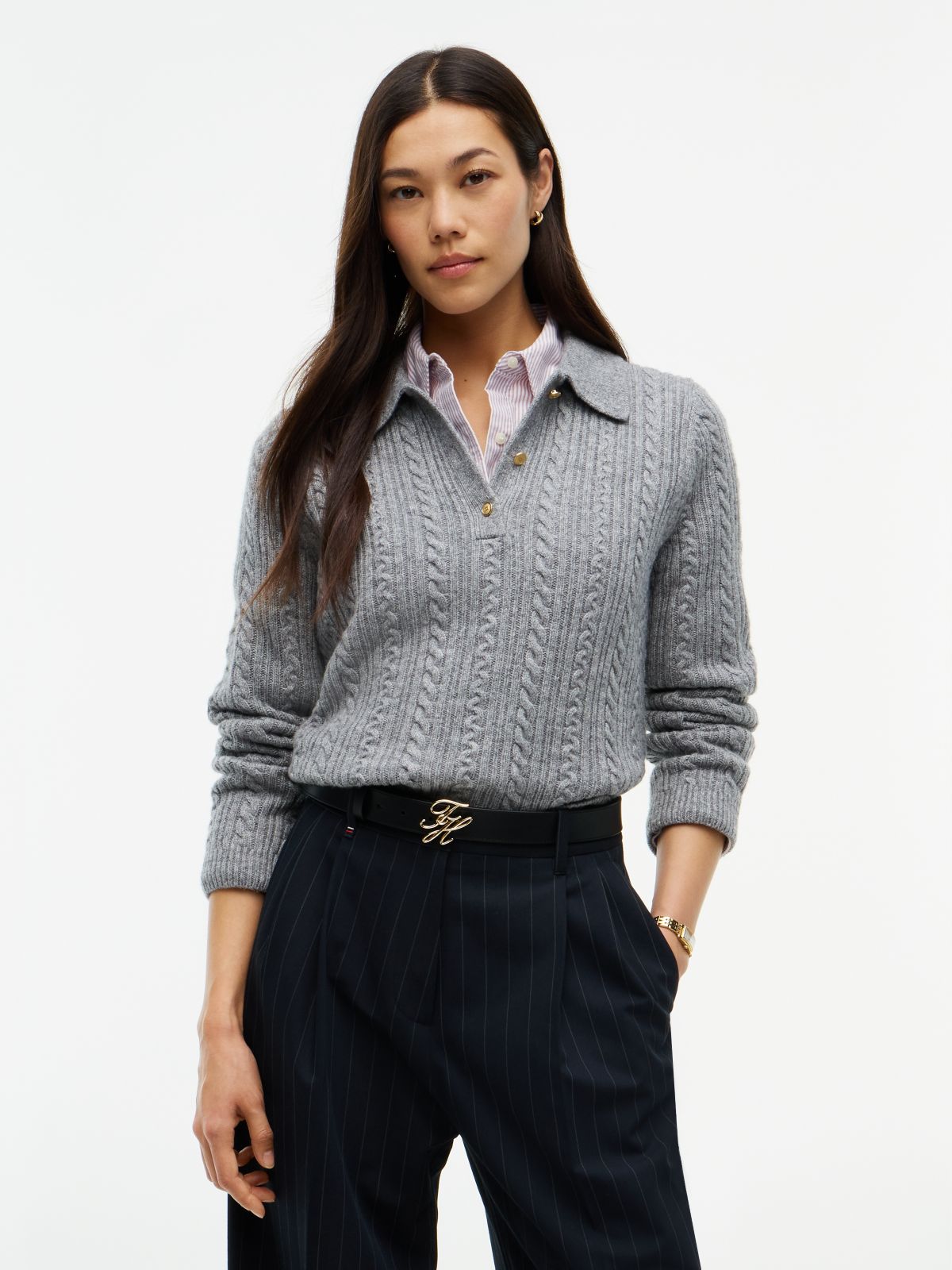 Wool Blend Cable Knit Polo Jumper — Grey