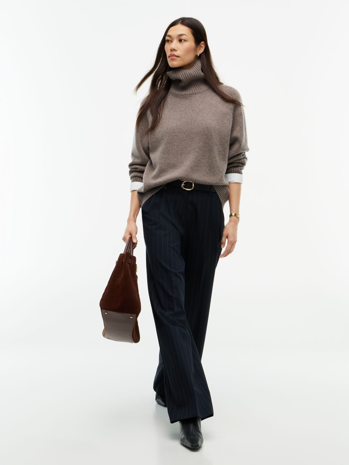 Cashmere Blend Relaxed Mock Neck Jumper — Brown