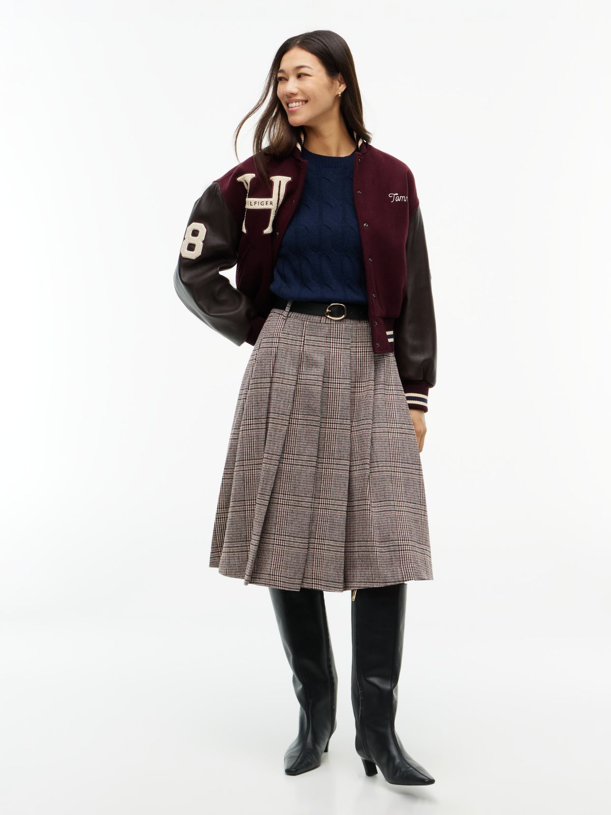 Textured Wool Blend Check Pleated Skirt — Red
