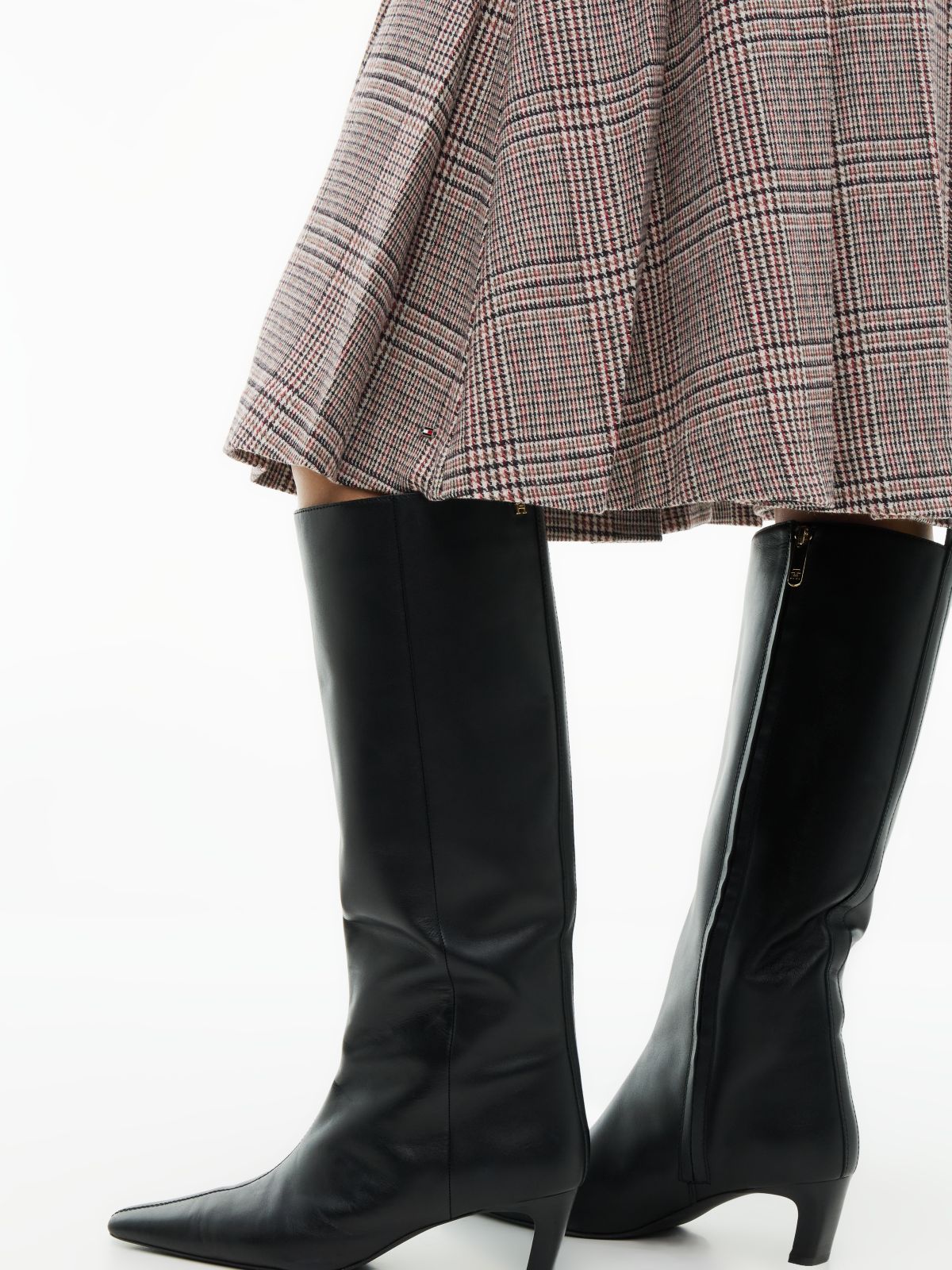 Textured Wool Blend Check Pleated Skirt — Red