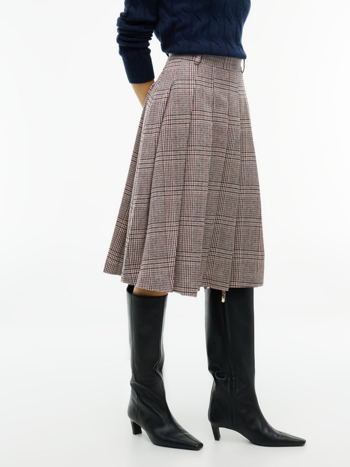 Textured Wool Blend Check Pleated Skirt — Red