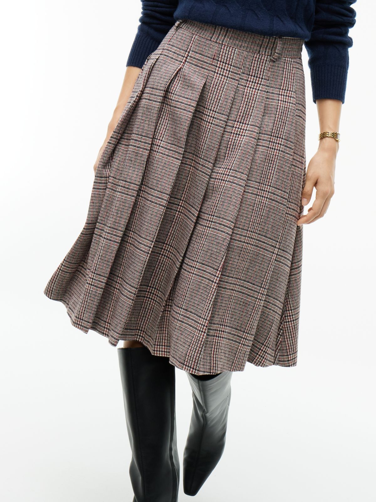 Textured Wool Blend Check Pleated Skirt — Red