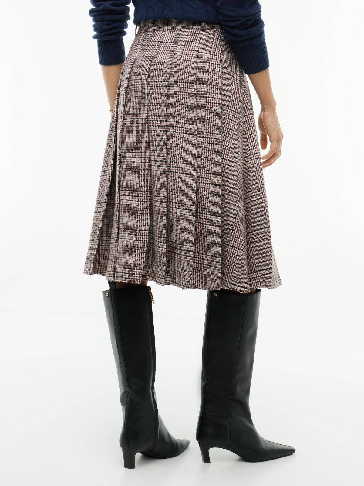 Textured Wool Blend Check Pleated Skirt — Red