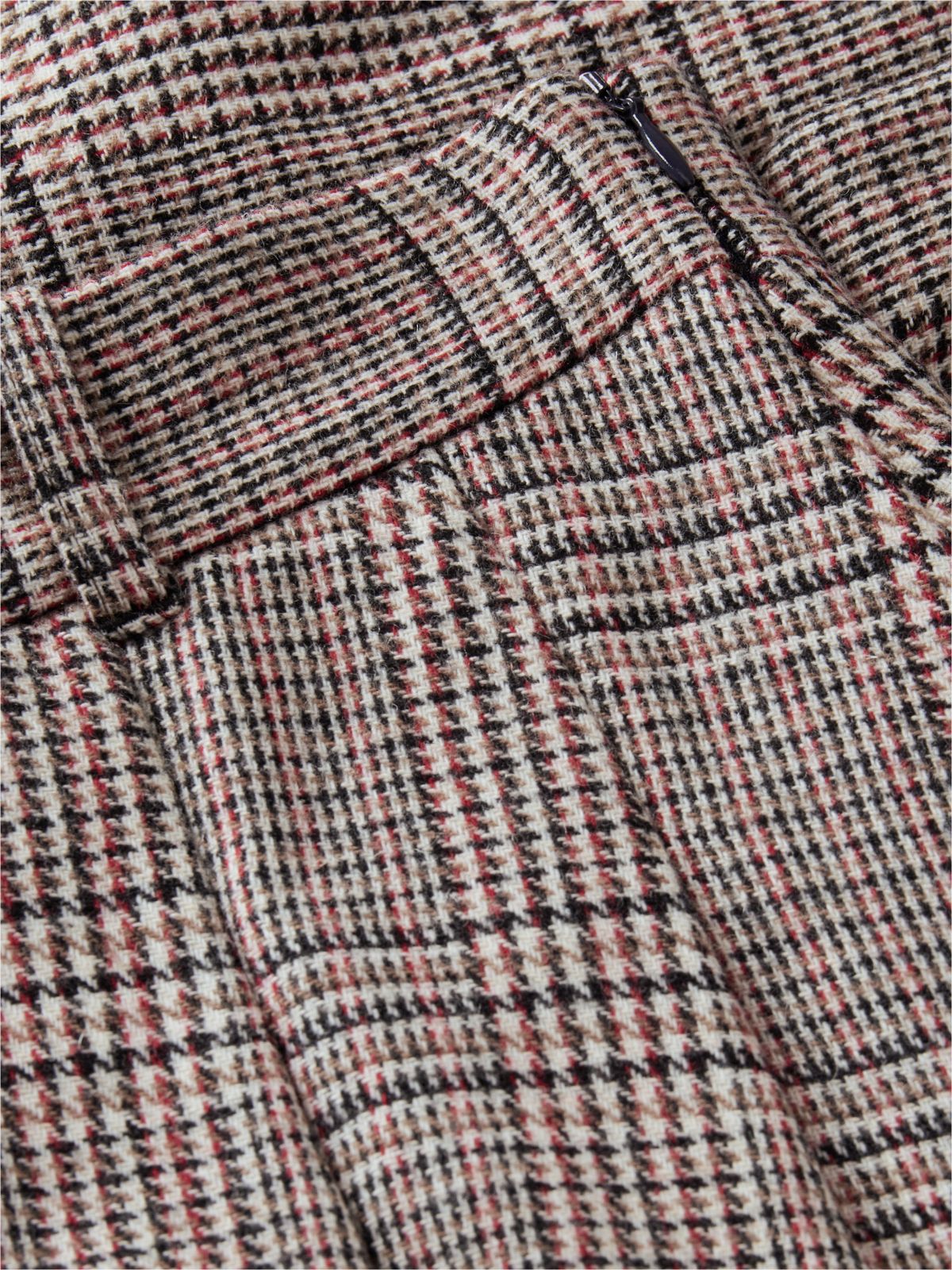 Textured Wool Blend Check Pleated Skirt — Red