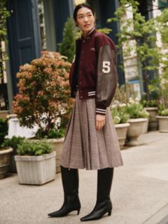 Textured Wool Blend Check Pleated Skirt — Red 9