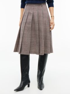 Textured Wool Blend Check Pleated Skirt — Red 1