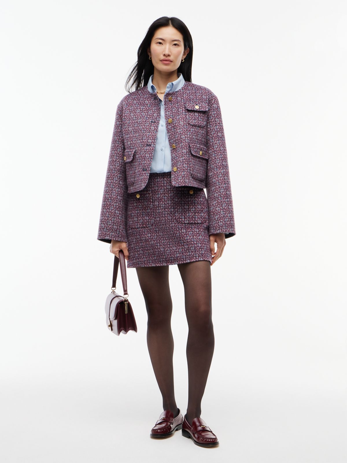 Gold-Tone Button Wool Blend Mini Skirt — Blue