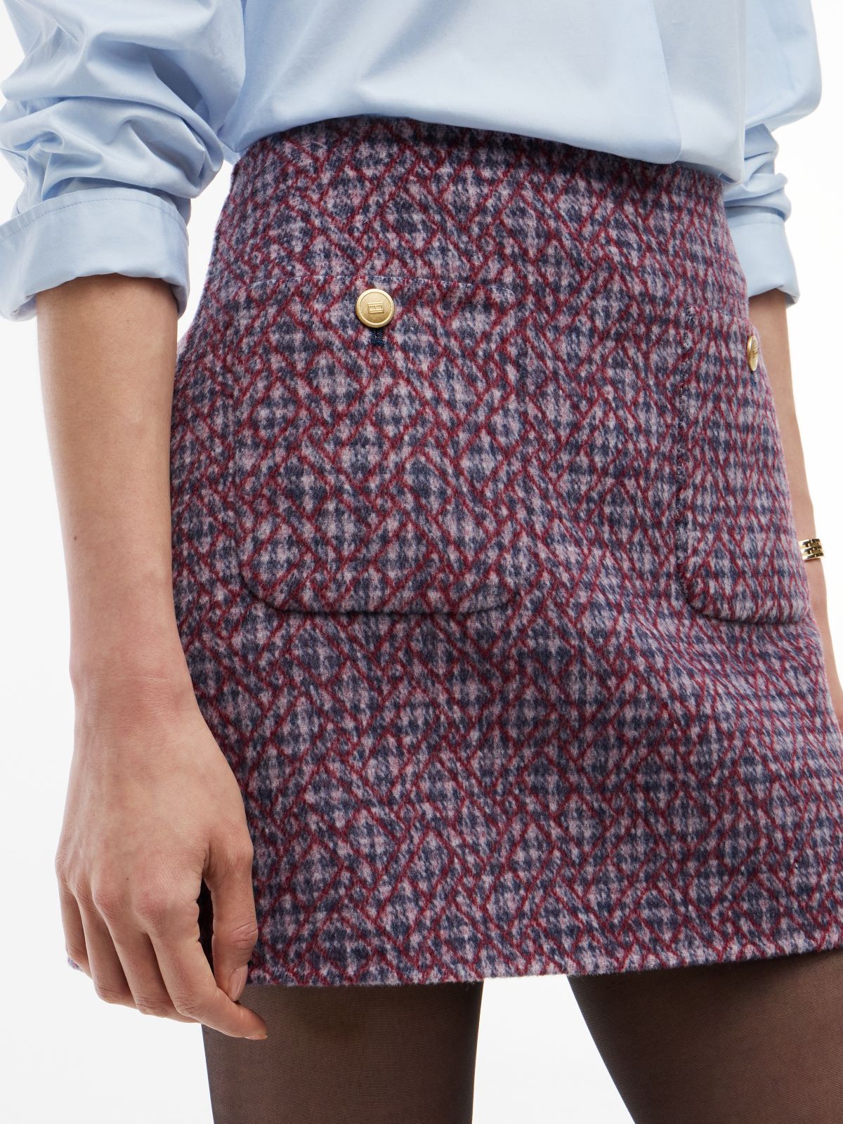 Gold-Tone Button Wool Blend Mini Skirt — Blue