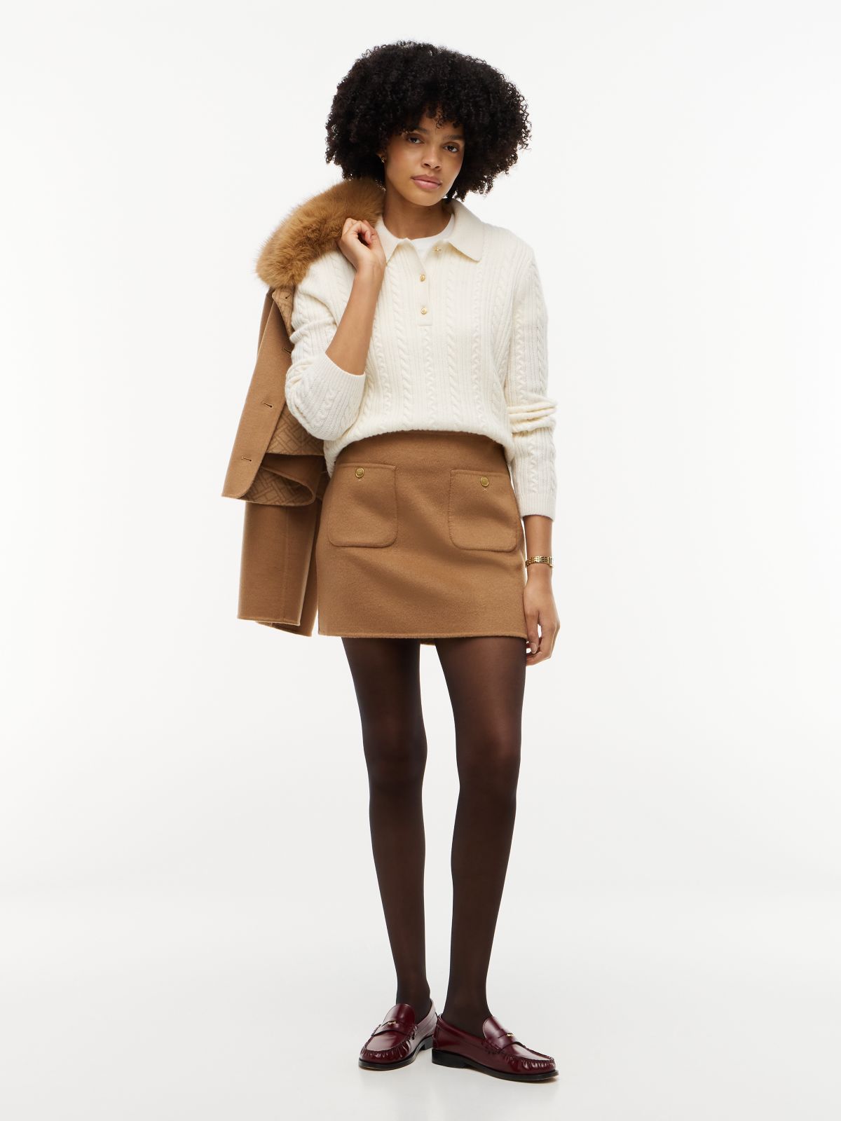 Gold-Tone Button Wool Blend Mini Skirt — Brown