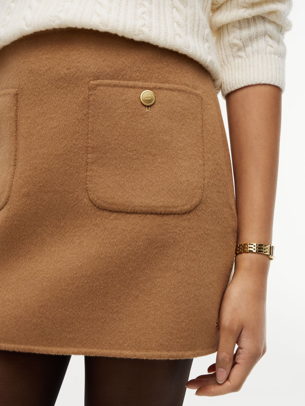 Gold-Tone Button Wool Blend Mini Skirt — Brown