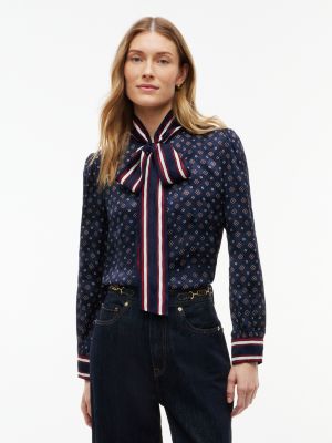 blue regular fit tie neck jacquard shirt for women tommy hilfiger