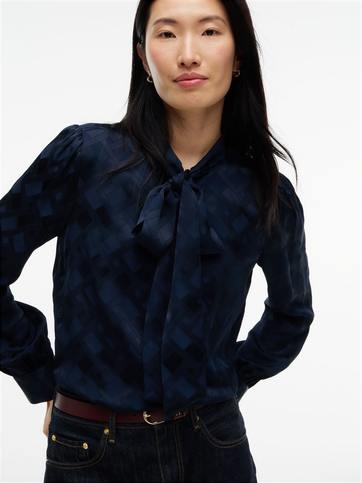 Regular Fit Tie Neck Jacquard Shirt — Blue