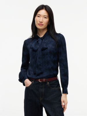 blue regular fit tie neck jacquard shirt for women tommy hilfiger