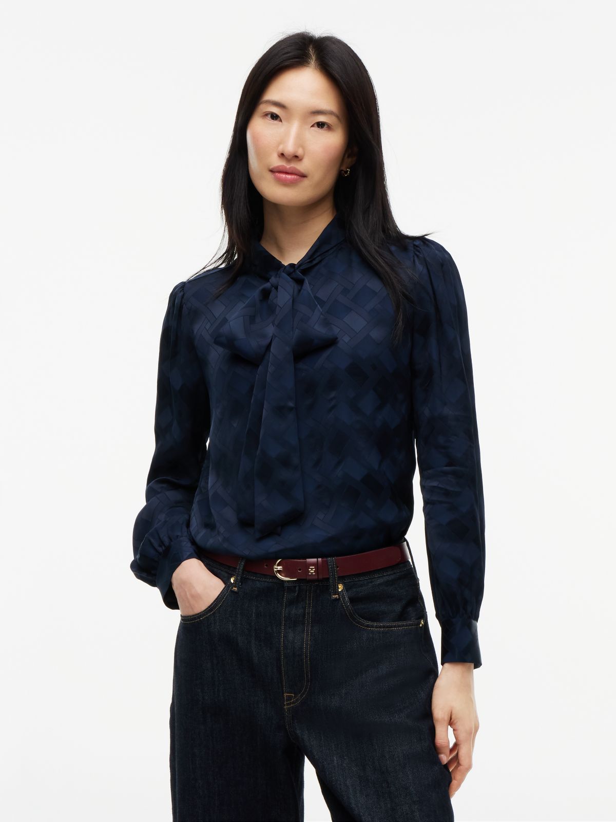 Regular Fit Tie Neck Jacquard Shirt — Blue
