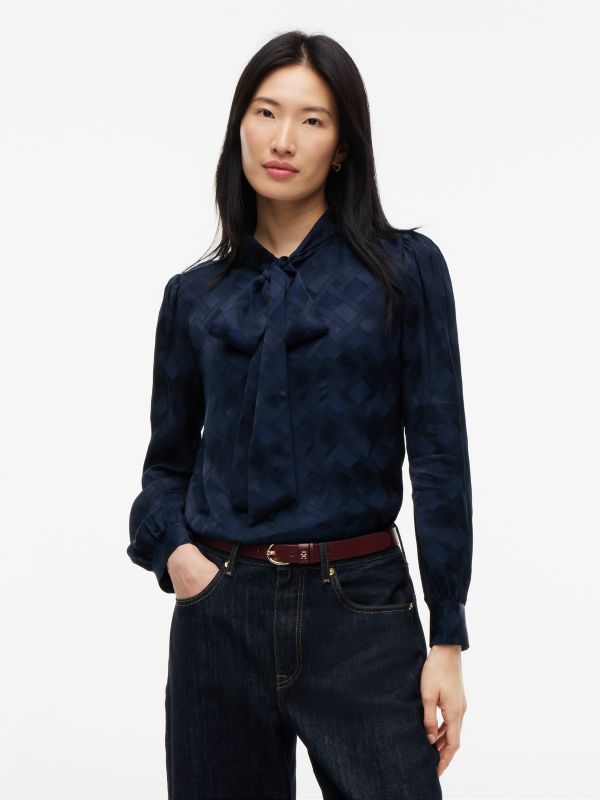 Regular Fit Tie Neck Jacquard Shirt — Blue