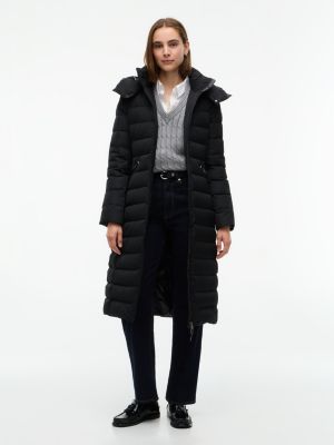 black slim fit longline-daunenmantel mit kapuze für damen - tommy hilfiger
