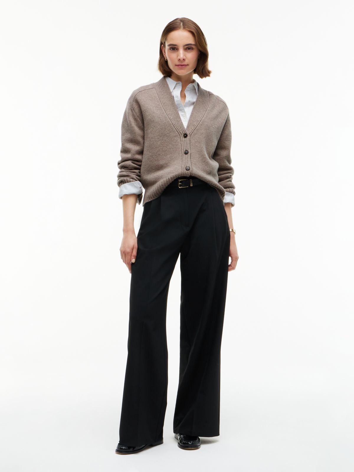 Cashmere Blend Relaxed V-Neck Cardigan — Beige