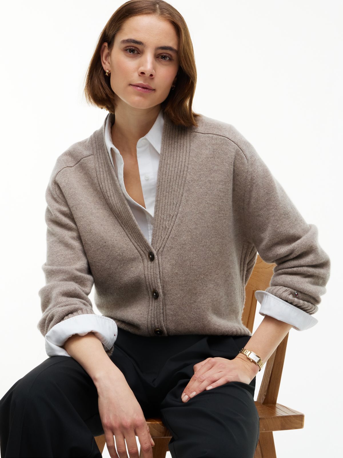 Cashmere Blend Relaxed V-Neck Cardigan — Beige