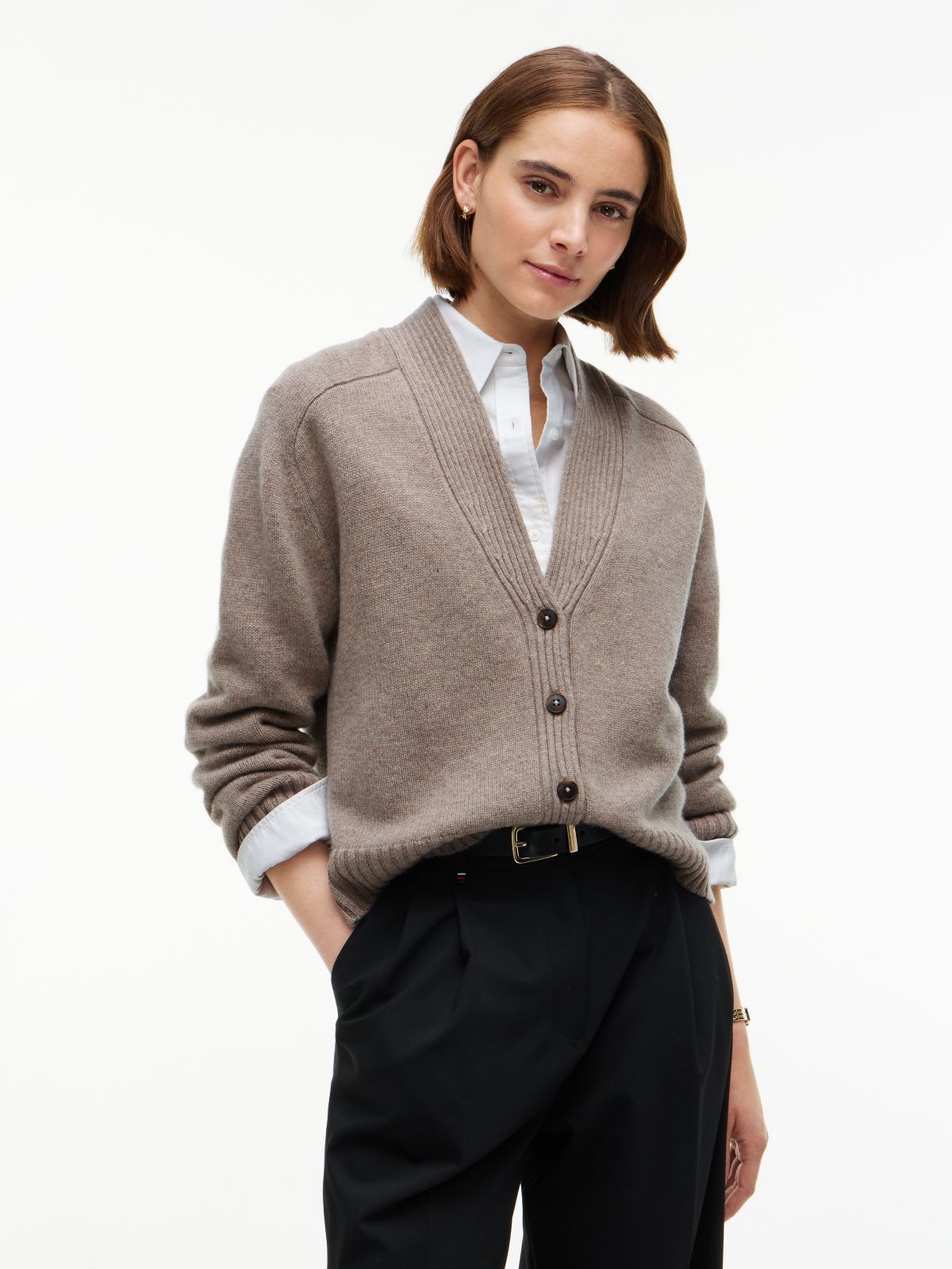 Cashmere Blend Relaxed V-Neck Cardigan — Beige