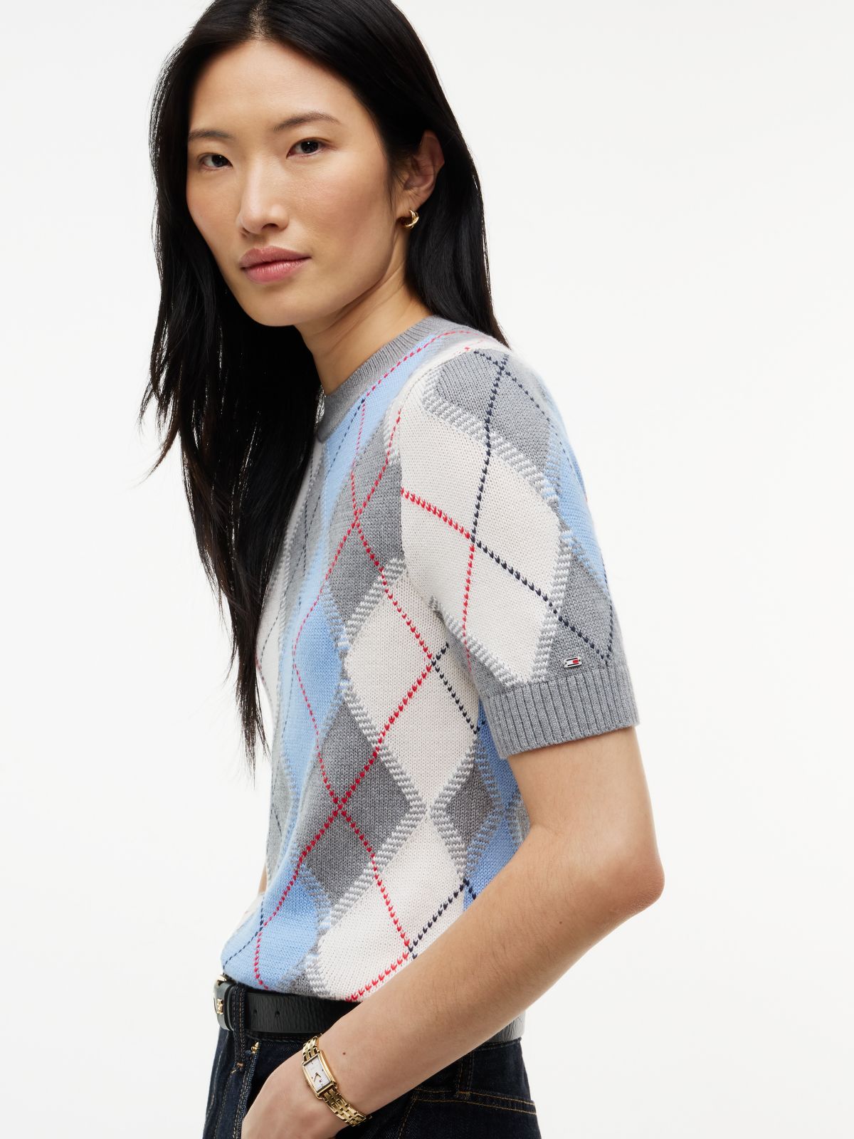 Argyle Short Sleeve Jumper — Grey
