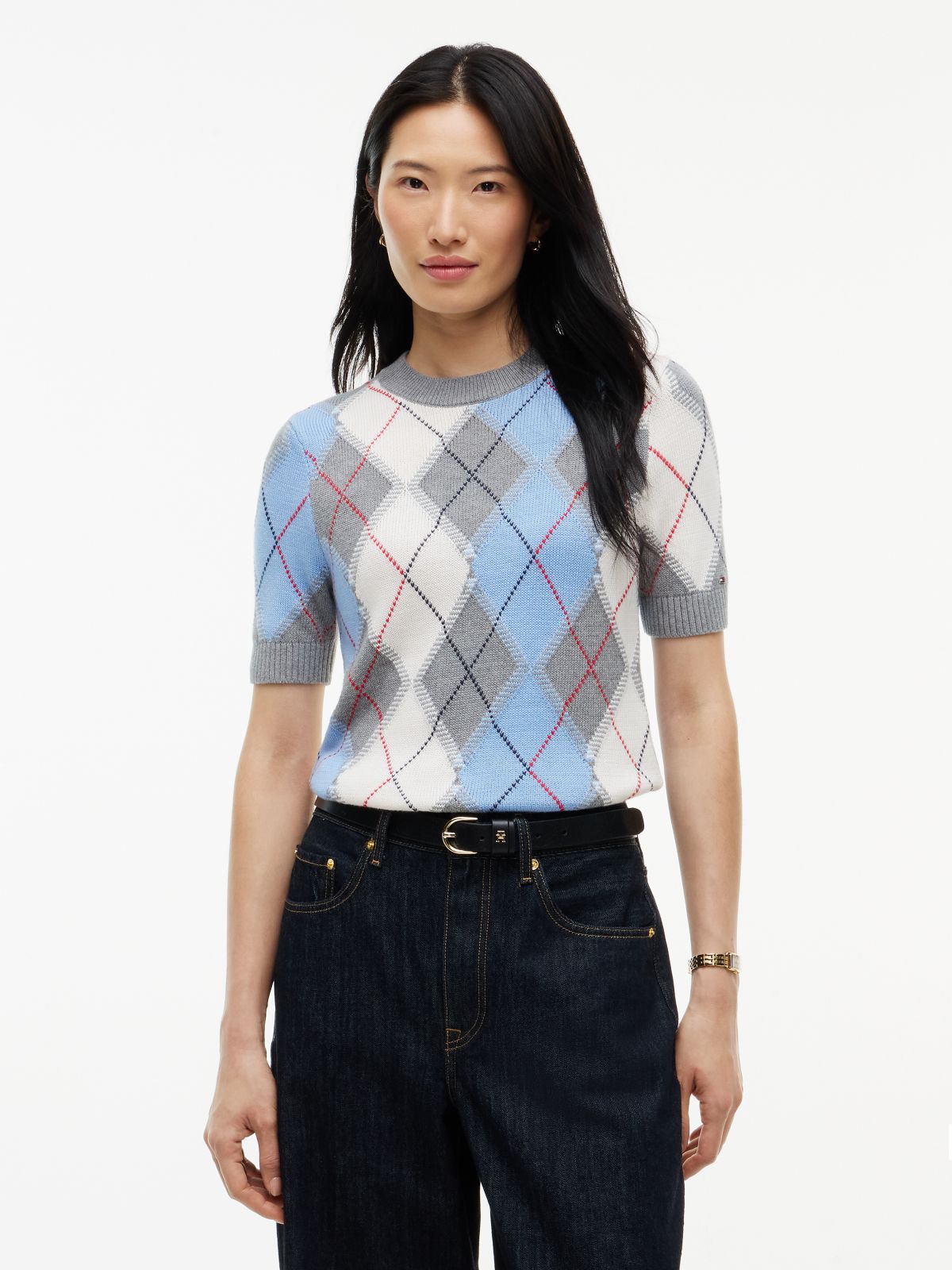 Argyle Short Sleeve Jumper — Grey