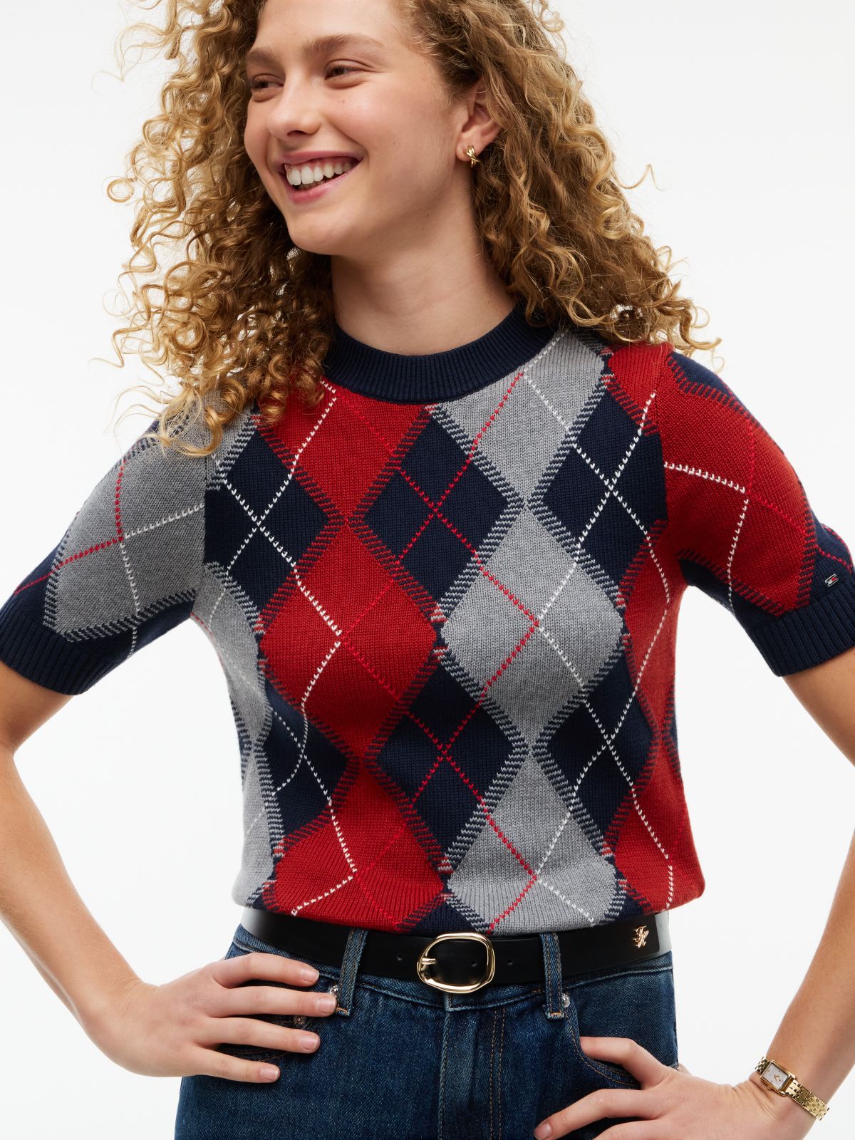 Argyle Short Sleeve Jumper — Blue