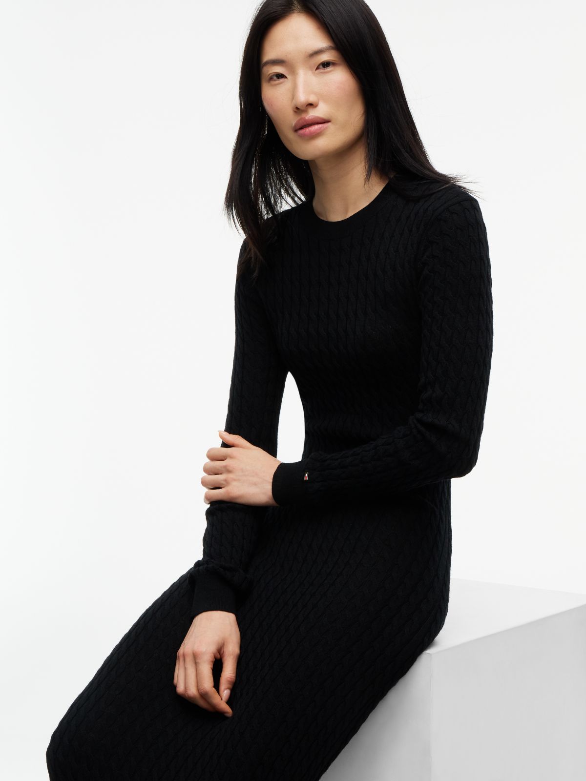 Pure Wool Cable Knit Jumper Dress — Black
