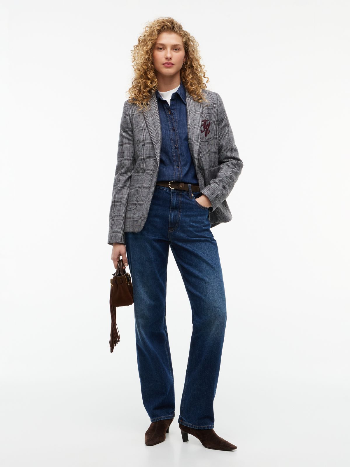 Wool Blend Check Single Breasted Blazer — Grey
