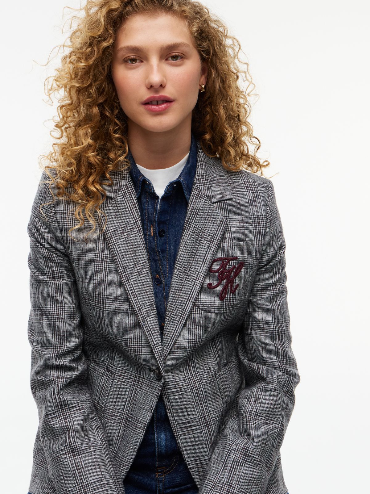 Wool Blend Check Single Breasted Blazer — Grey
