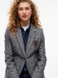 Wool Blend Check Single Breasted Blazer — Grey 4
