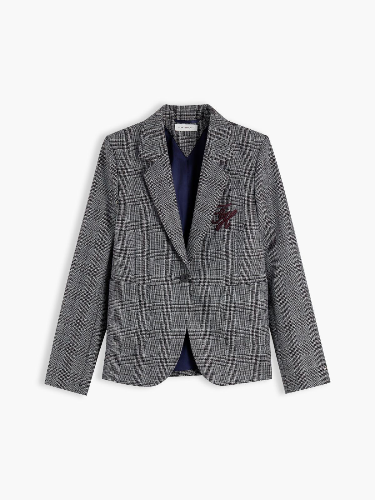 Wool Blend Check Single Breasted Blazer — Grey