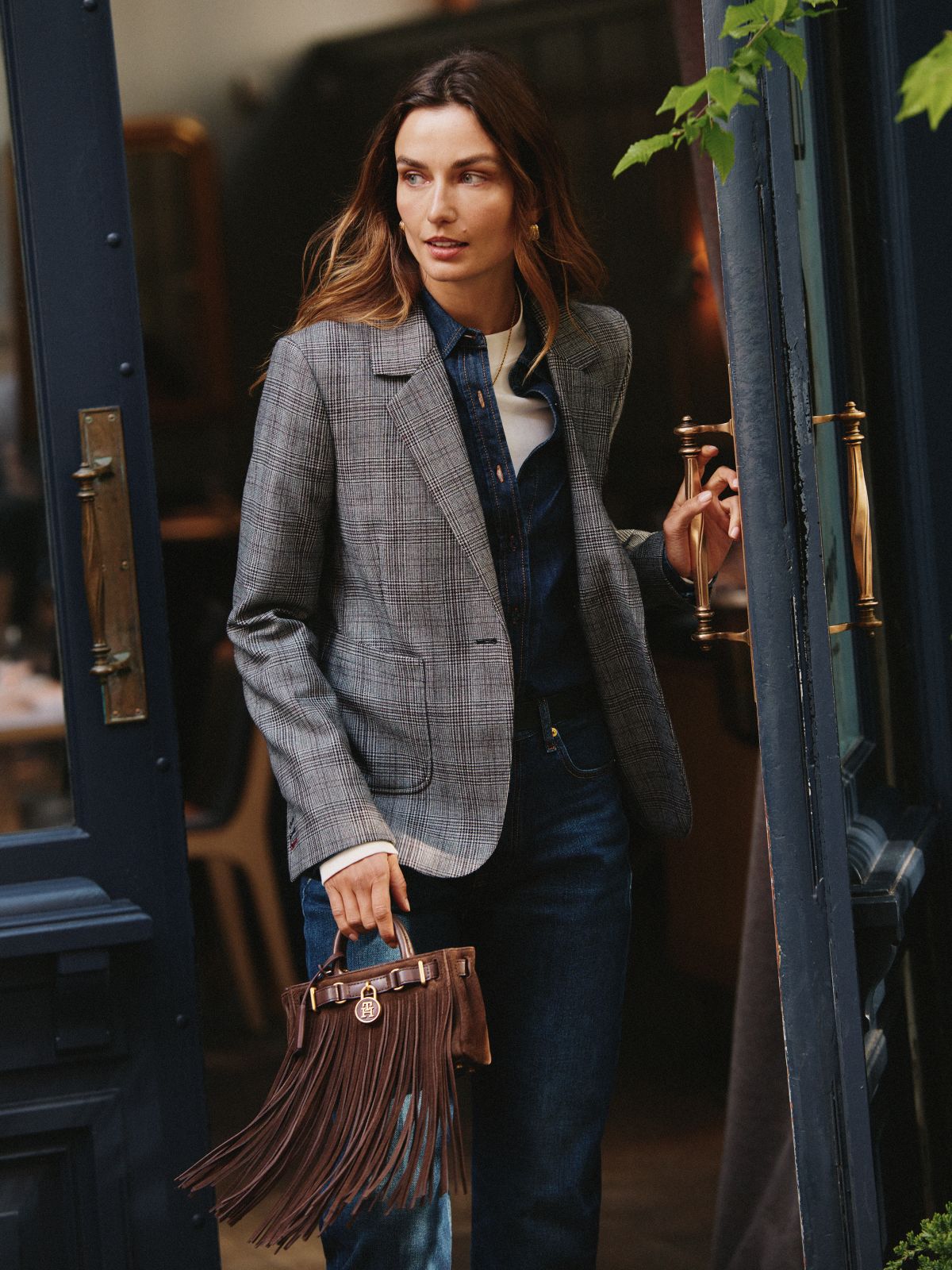 Wool Blend Check Single Breasted Blazer — Grey