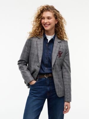 blazer droit à carreaux en laine mélangée grey pour femmes tommy hilfiger