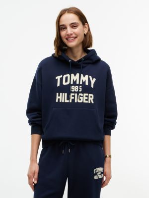 blue flock varsity logo relaxed fleece hoody for women tommy hilfiger
