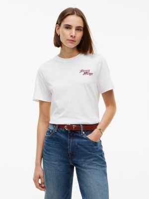 white dżersejowy t-shirt z logo i okrągłym dekoltem dla kobiety - tommy hilfiger
