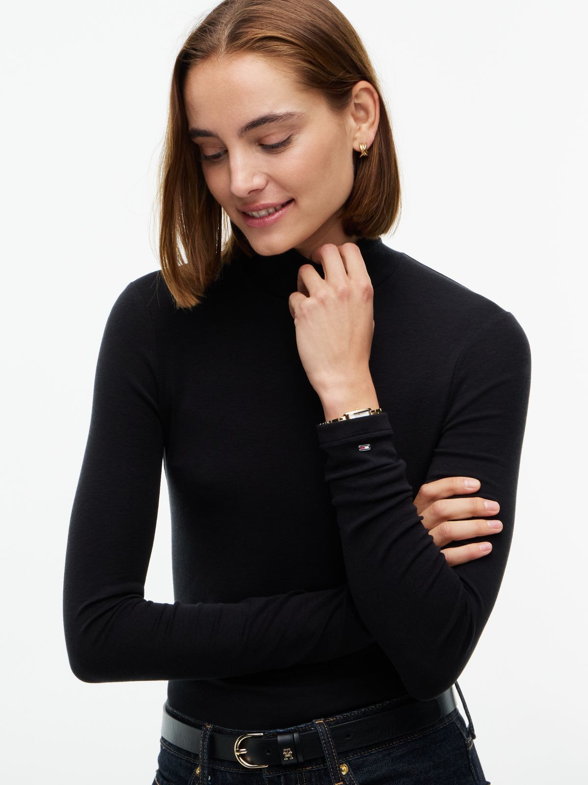 Slim Mock Neck Long Sleeve Top — Black