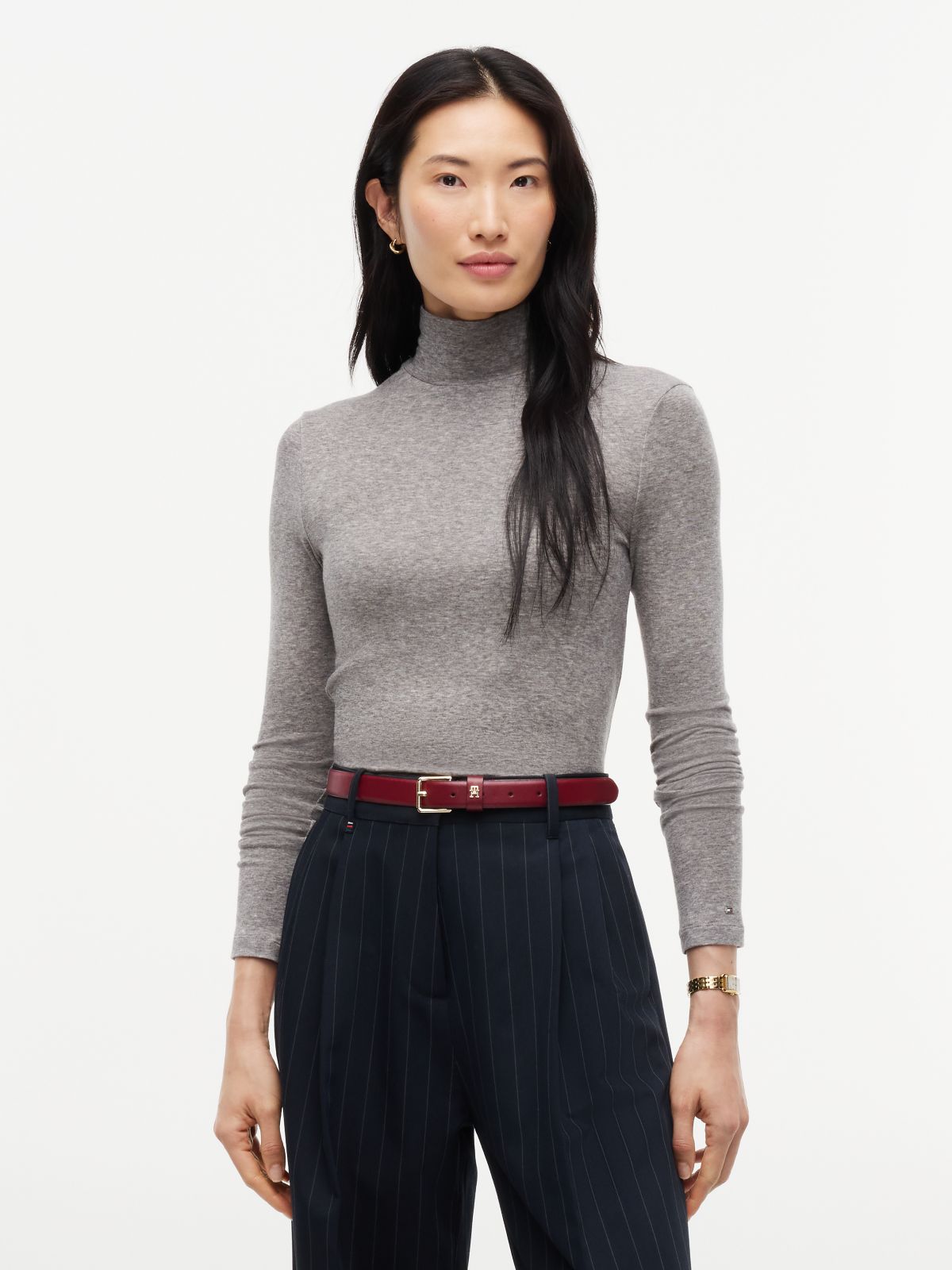 Slim Mock Neck Long Sleeve Top — Grey