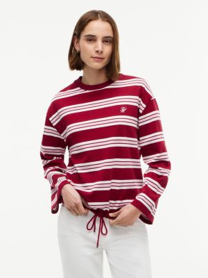 red rugby stripe drawstring long sleeve t-shirt for women tommy hilfiger