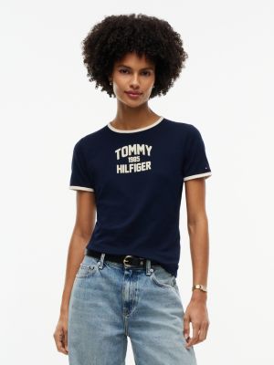 blue flock varsity logo slim ringer t-shirt for women tommy hilfiger