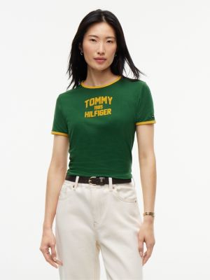 green flock varsity logo slim ringer t-shirt for women tommy hilfiger