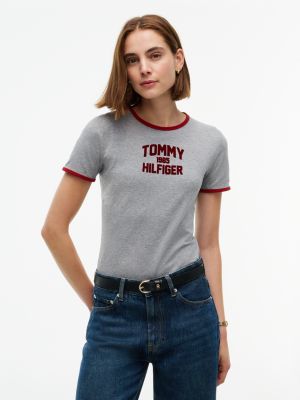 grey flock varsity logo slim ringer t-shirt for women tommy hilfiger
