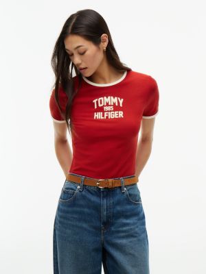 red flock varsity logo slim ringer t-shirt for women tommy hilfiger