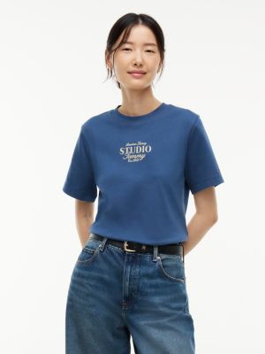 blue logo interlock knit crew neck t-shirt for women tommy hilfiger